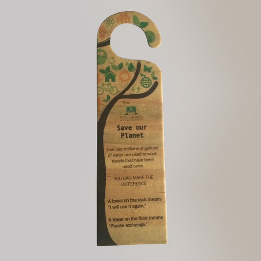 Eco-friendly hotel door hanger crafted from sustainable water hyacinth vegan leather, displaying a "Save our Planet" message with green environmental icons. The signage, promoting towel reuse and water conservation, is ideal for green tourism initiatives.