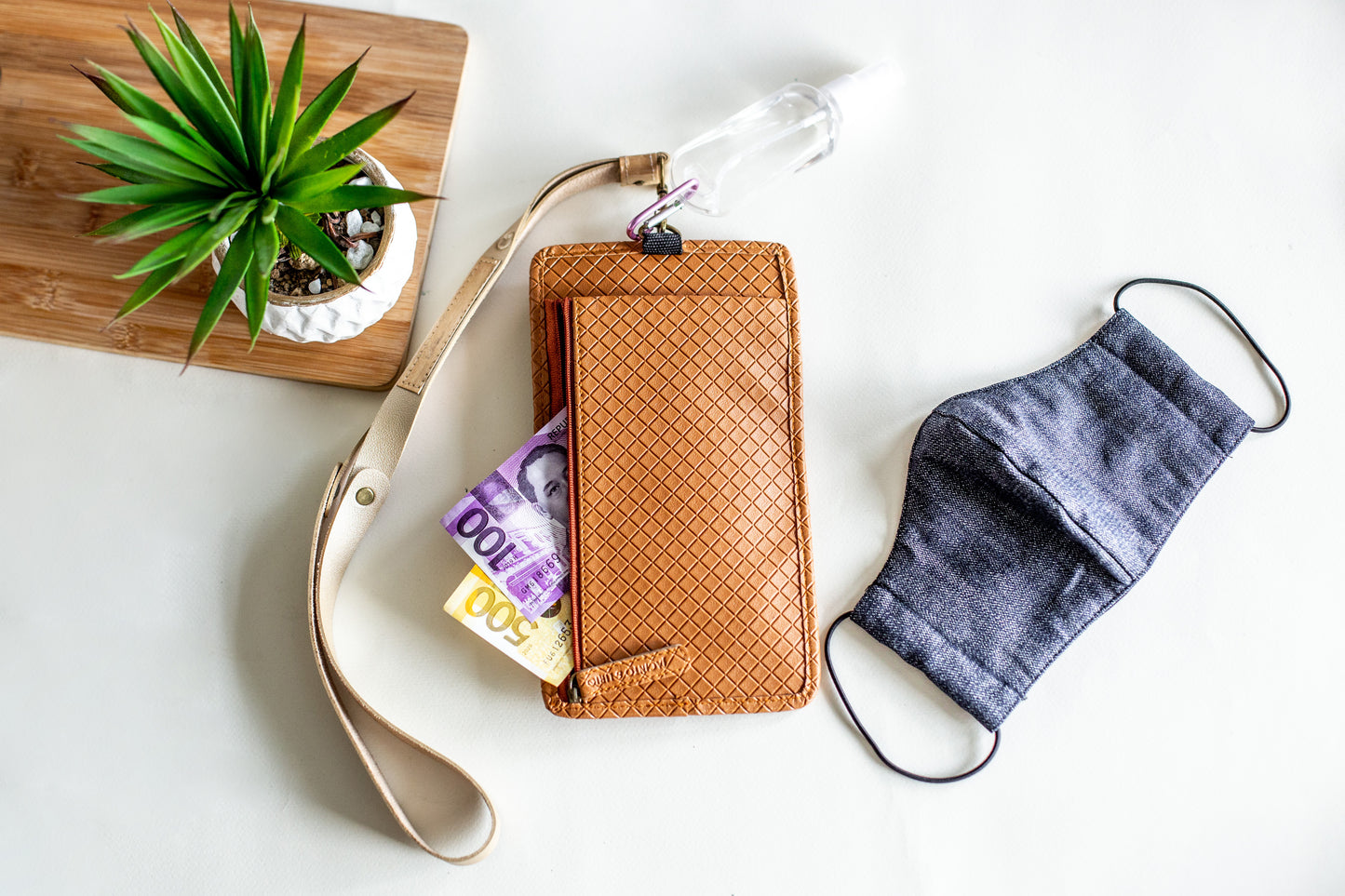 The Essentials Set: Lakbay Vegan Essentials Neck Wallet with Name Personalization Bundles with Obra Faux Leather Lanyard, Pocket Size Vegan Blank Notebook, Washable 3 Ply Denim Masks - Jacinto & Lirio