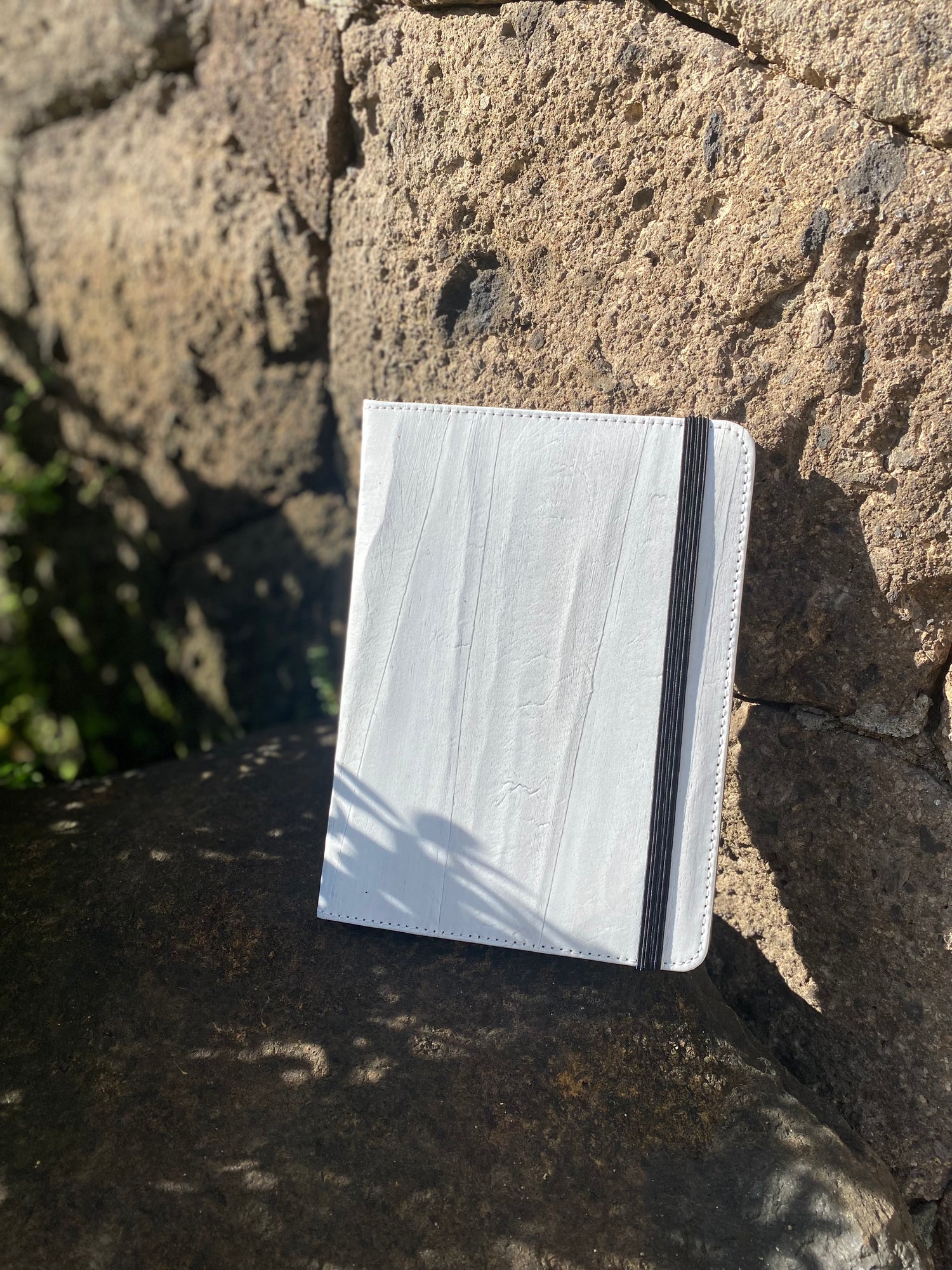 A white leather journal with the sun shining down on it