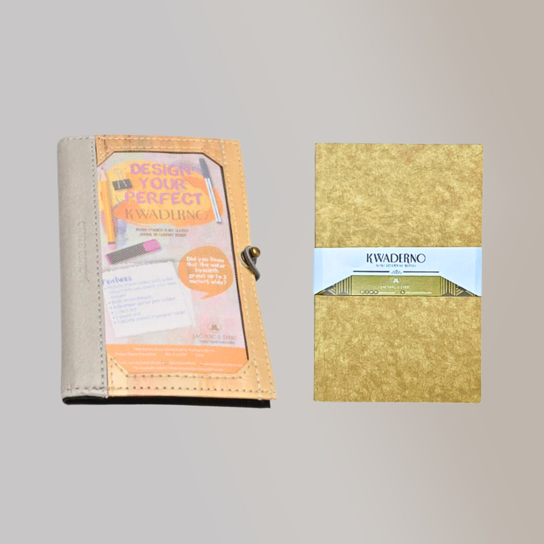 A vegan leather notebook with a gray leather spine, beside notebook refills from Jacinto & Lirio
