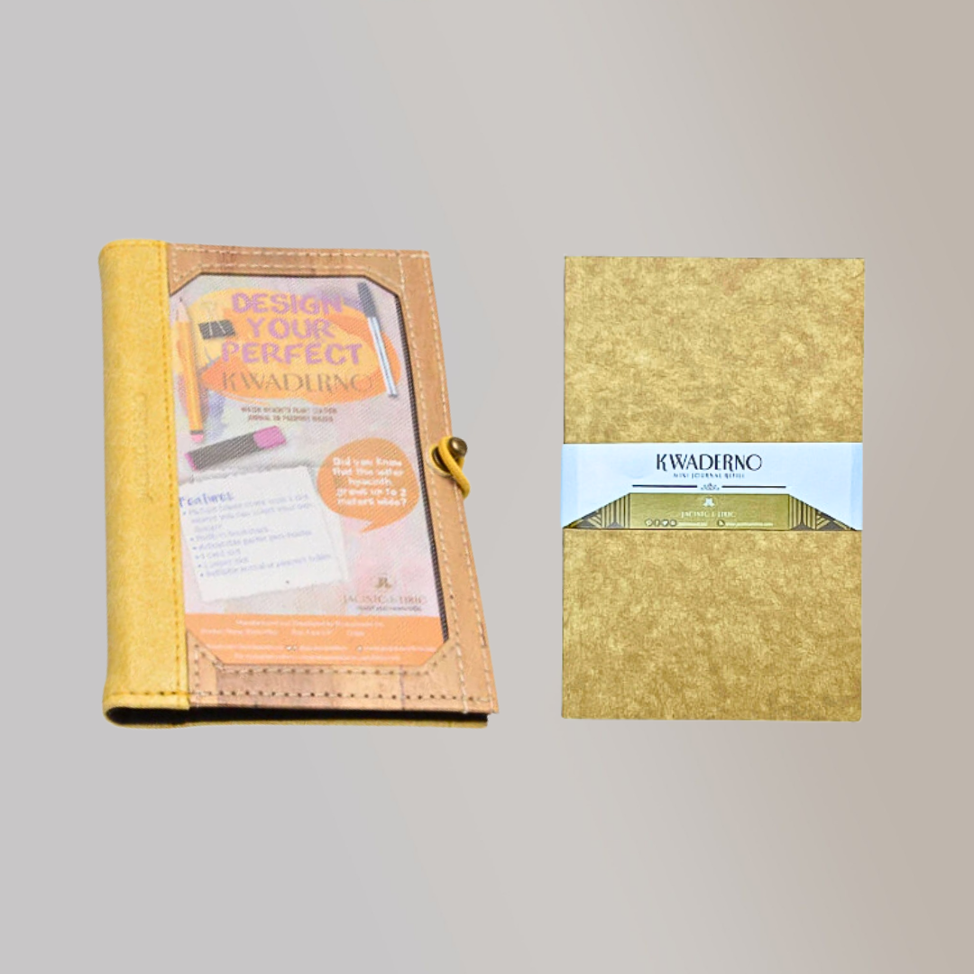 A vegan leather notebook with a yellow leather spine, beside notebook refills from Jacinto & Lirio