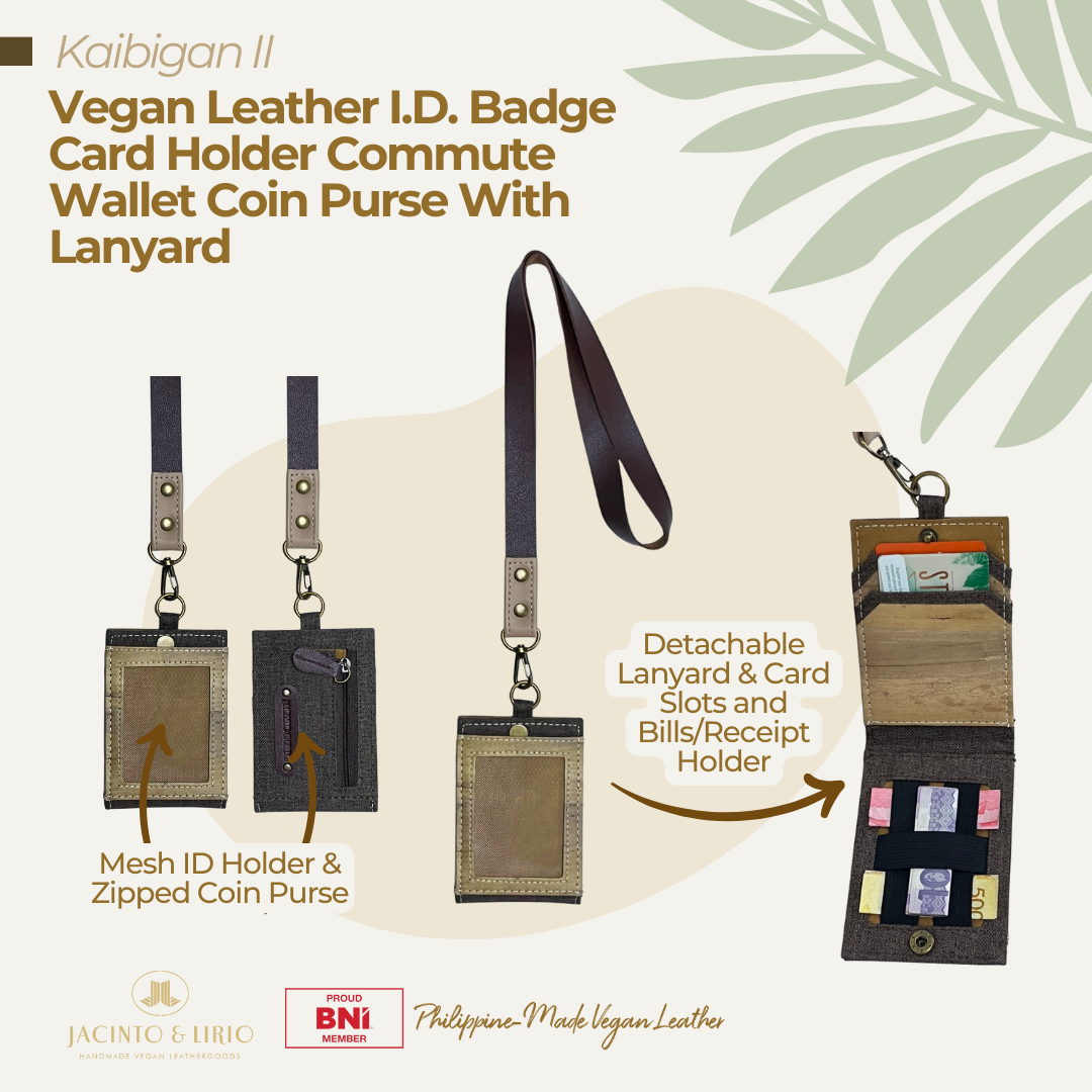 The highlighted features of Kaibigan II Vegan Leather ID Lanyard in color black, such as a detachable lanyard with card slots and bill holders, zipper coin puse at the back, and mesh ID holder in front.