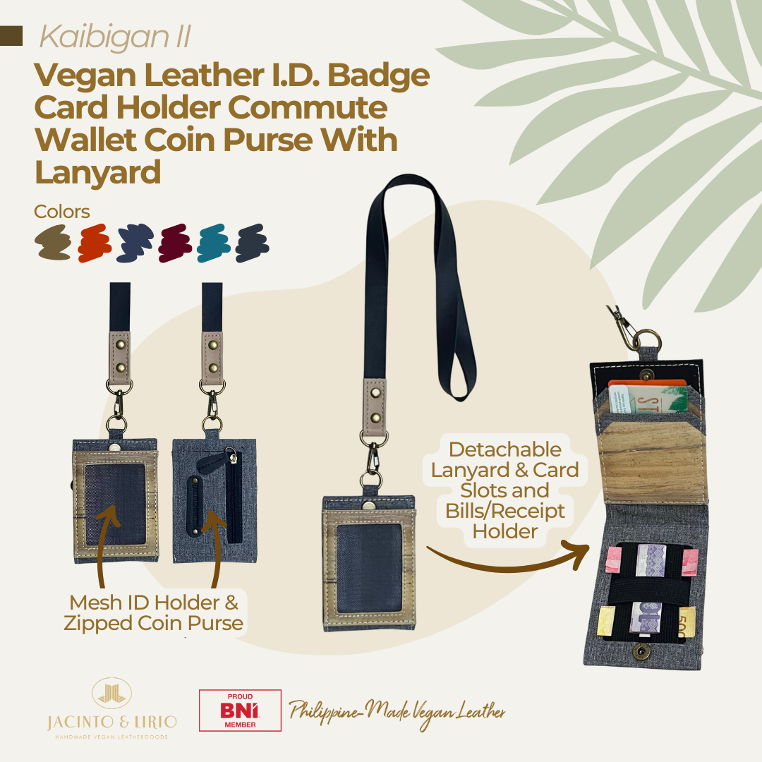 The highlighted features of Kaibigan II Vegan Leather ID Lanyard in color blue, such as a detachable lanyard with card slots and bill holders, blue zipper for coin puse at the back, and mesh ID holder in front.