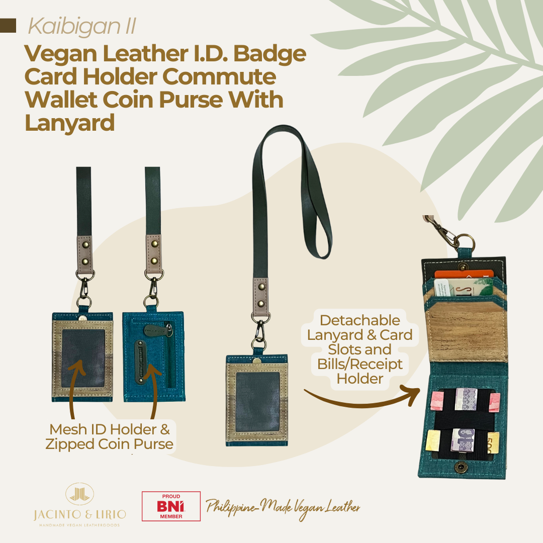 The highlighted features of detachable and foldable Kaibigan II Vegan Leather ID Lanyard in color teal, which comes with a vegan leather lanyard, card slots and bills holder on the inside of the ID case, mesh ID holder on the front exterior and a mini coin puse on the back exterior.