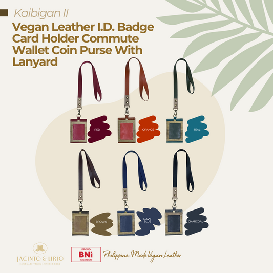 six laid out pieces of different colored Vegan Leather ID Lanyards with Card Holder and a Coin Purse, in colors red, orange, teal, brown, royal blue, and violet.