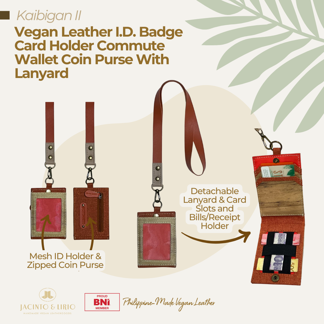 The highlighted features of detachable and foldable Kaibigan II Vegan Leather ID Lanyard in color red, which comes with a vegan leather lanyard, card slots and bills holder on the inside of the ID case, mesh ID holder on the front exterior and a mini coin puse on the back exterior.
