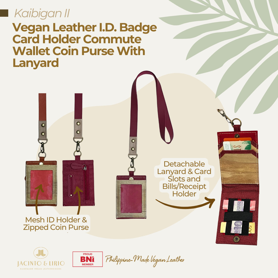 The highlighted features of detachable and foldable Kaibigan II Vegan Leather ID Lanyard in color magenta, which comes with a vegan leather lanyard, card slots and bills holder on the inside of the ID case, mesh ID holder on the front exterior and a mini coin puse on the back exterior.