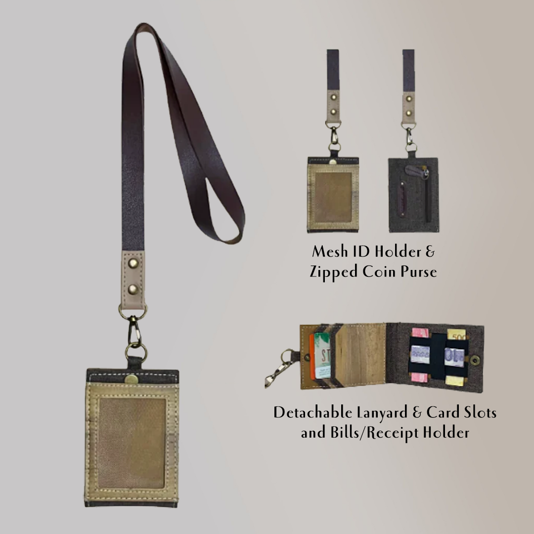 A coal gray ID lanyard and its features such as mesh, a zipped coin purse in the back, and hidden card and bill compartments inside.