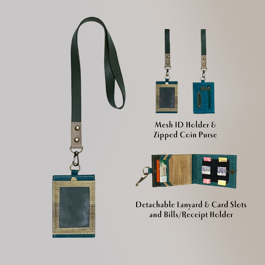 A cyan ID lanyard and its features such as mesh, a zipped coin purse in the back, and hidden card and bill compartments inside.