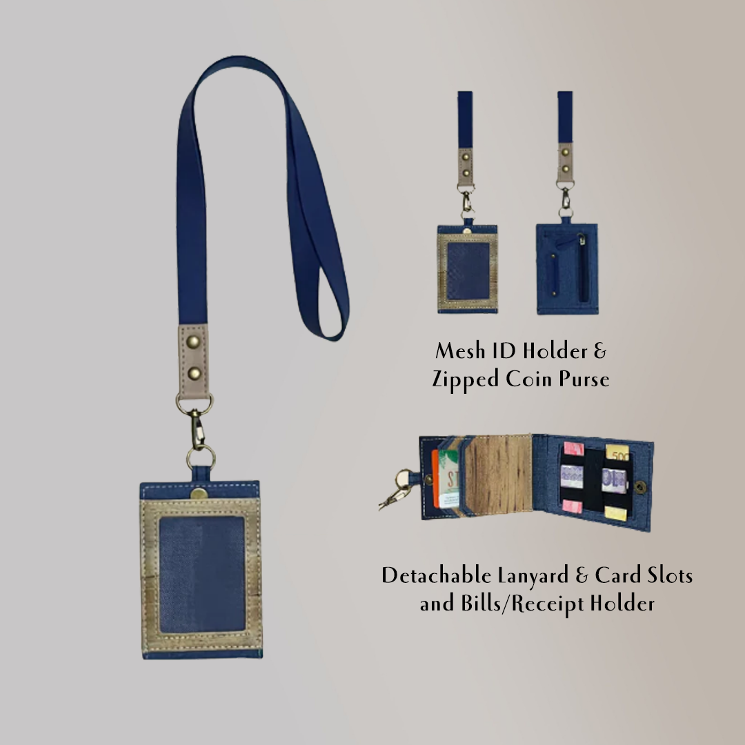 A blue vegan leather ID lanyard and its features such as a detachable hook, hidden card slots and bills holder, and a zipped coin purse at its back.