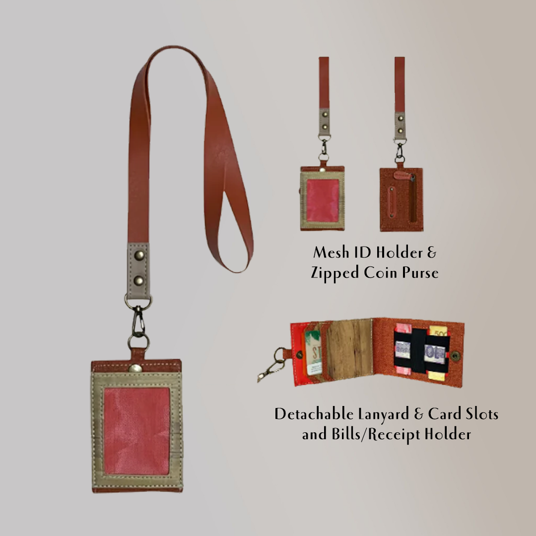 A strawberry pink ID lanyard and its features such as mesh, a zipped coin purse in the back, and hidden card and bill compartments inside.