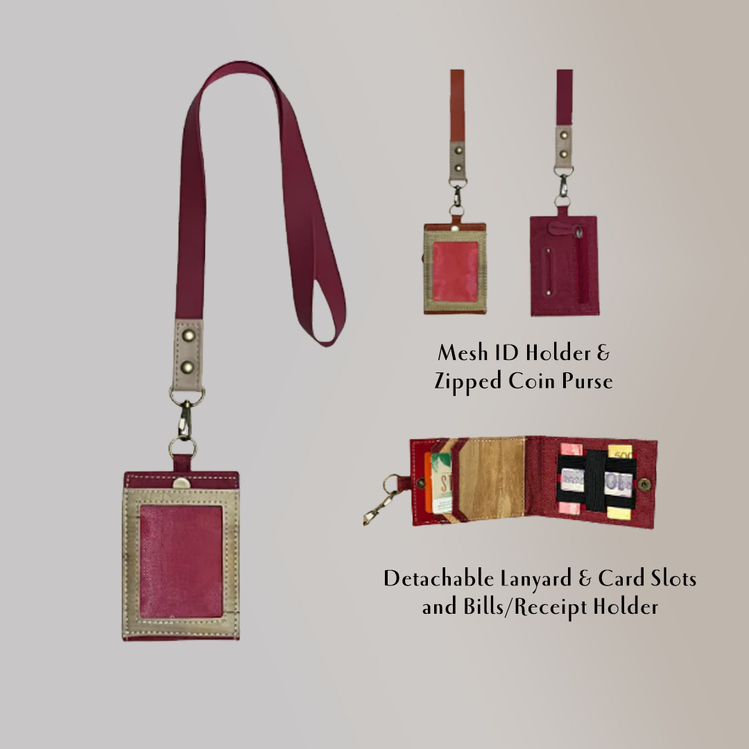 A magenta ID lanyard and its features such as mesh, a zipped coin purse in the back, and hidden card and bill compartments inside.