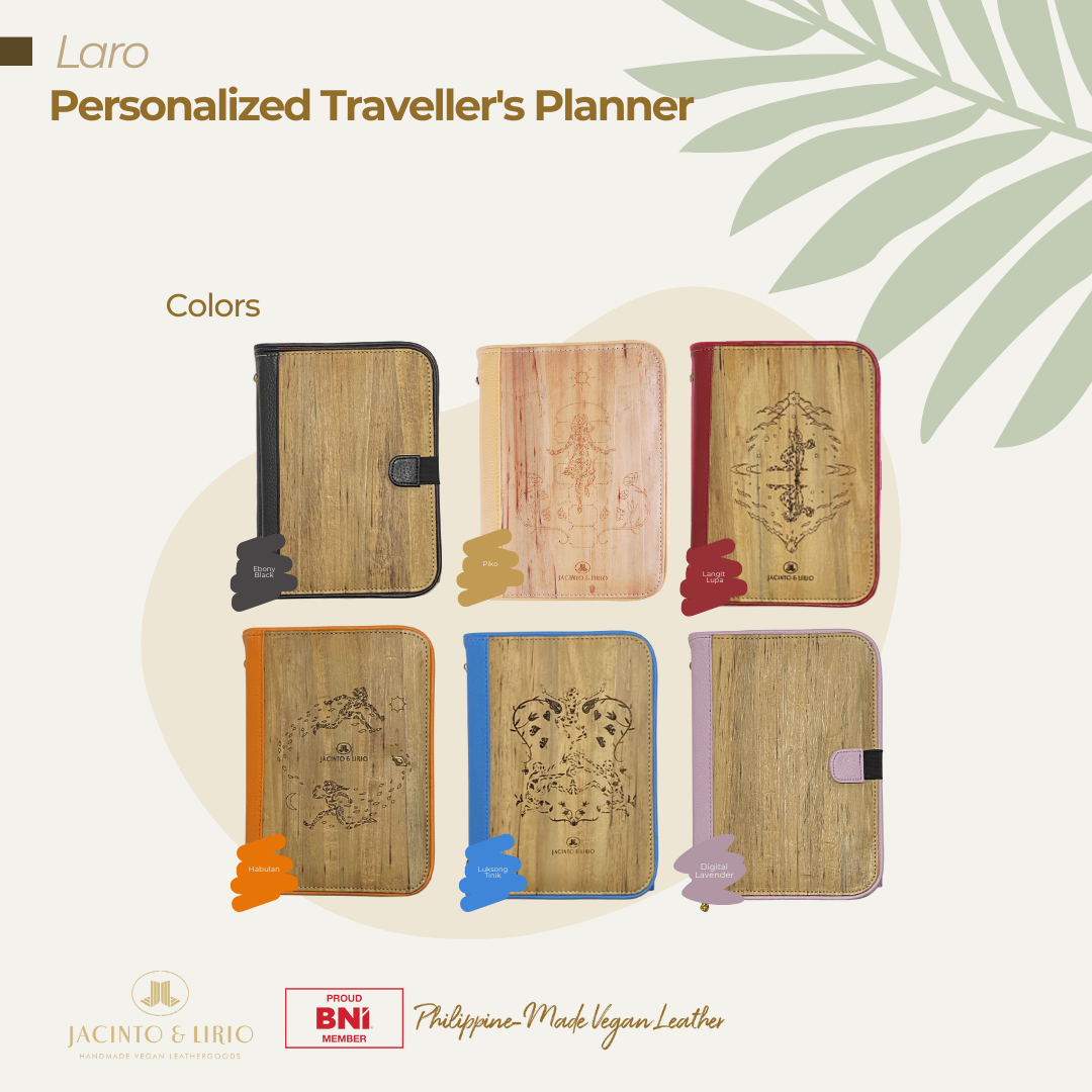 6 different color variations of a personalized traveller's planner made of vegan leather.