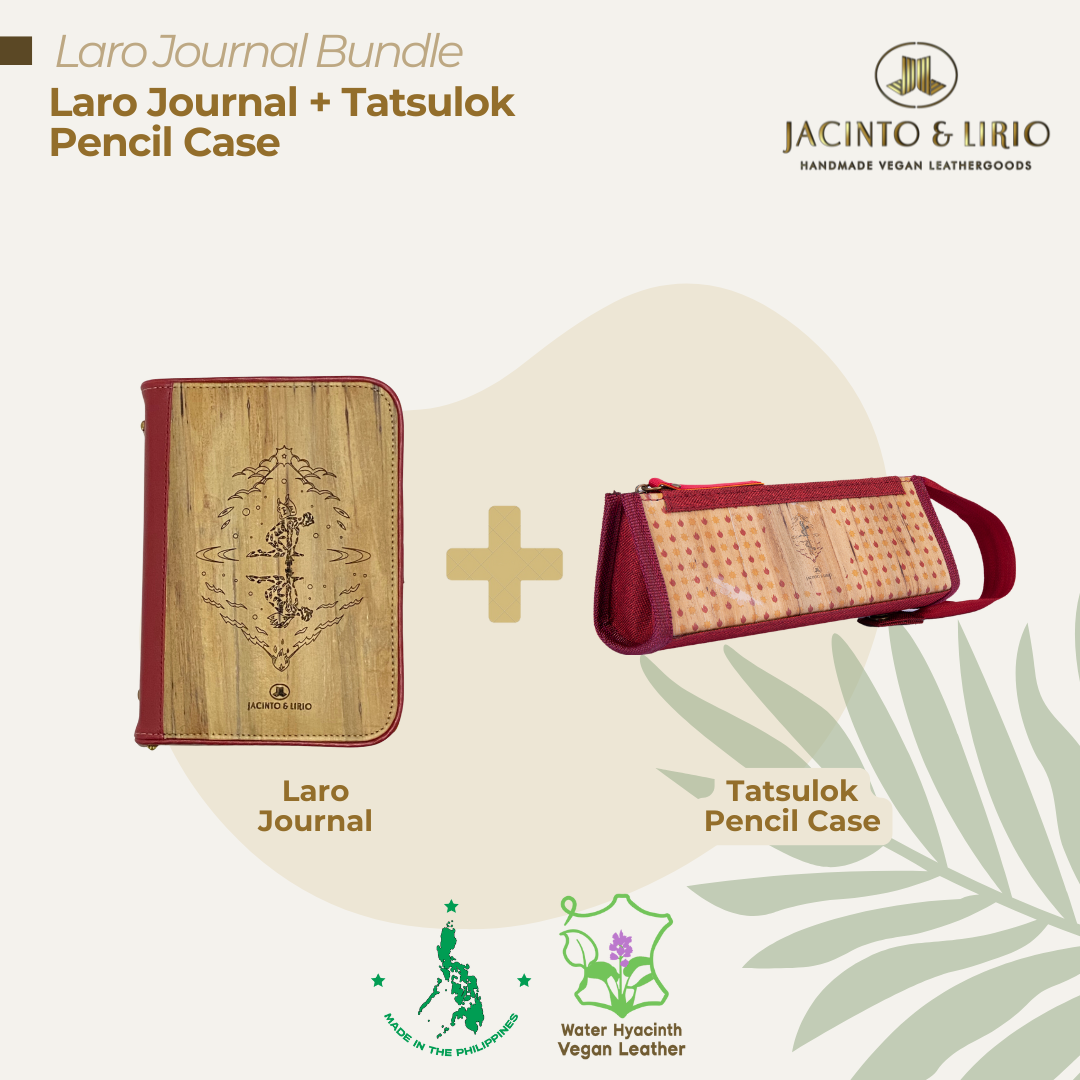 A bundle composed of a multifunctional journal in cherry red and a maroon expandable case exemplifying Filipino creativity and organization.