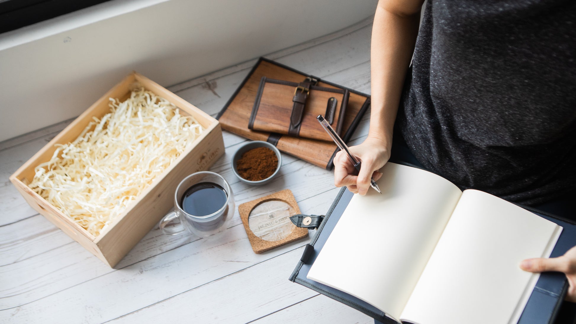 Vegan Leather Journal Pacem II placed on top of a work desk.