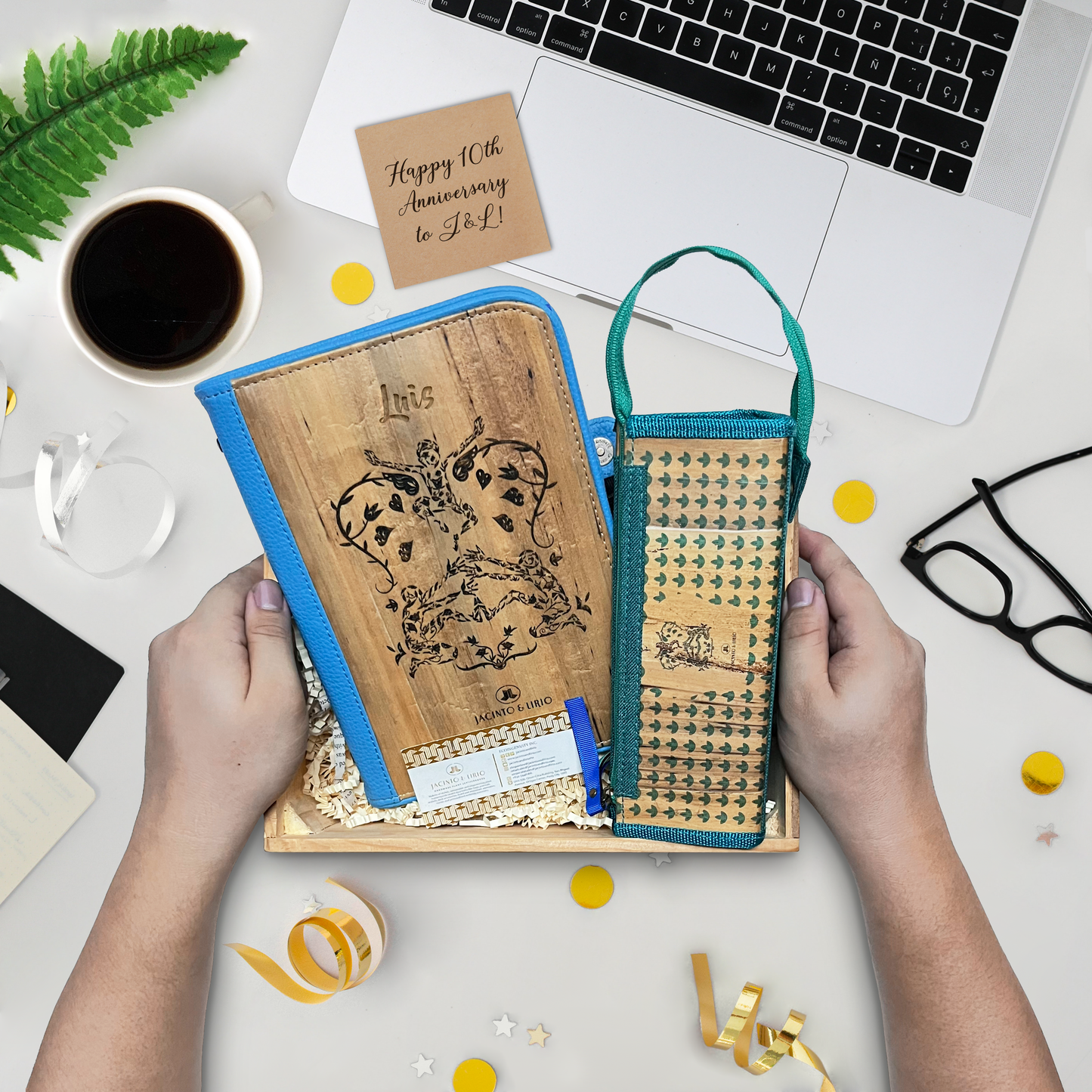 Laro A5 Personalized Traveler’s Journal Wallet and Tatsulok Expandable Rectangular Vegan Leather Pencil Case or Desk Pen Holder with Handle Bundle