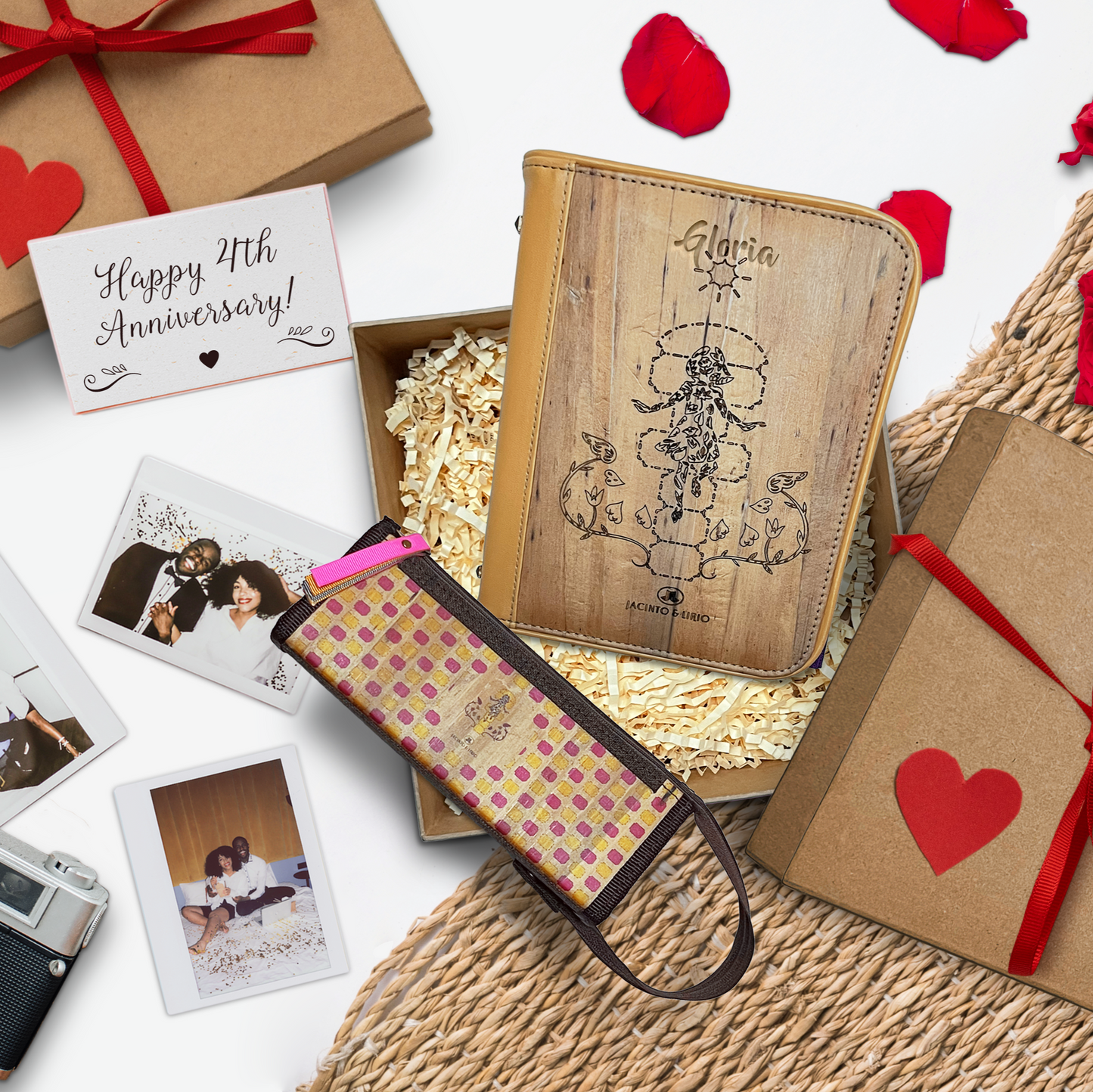 An anniversary product bundle of vegan leather items.