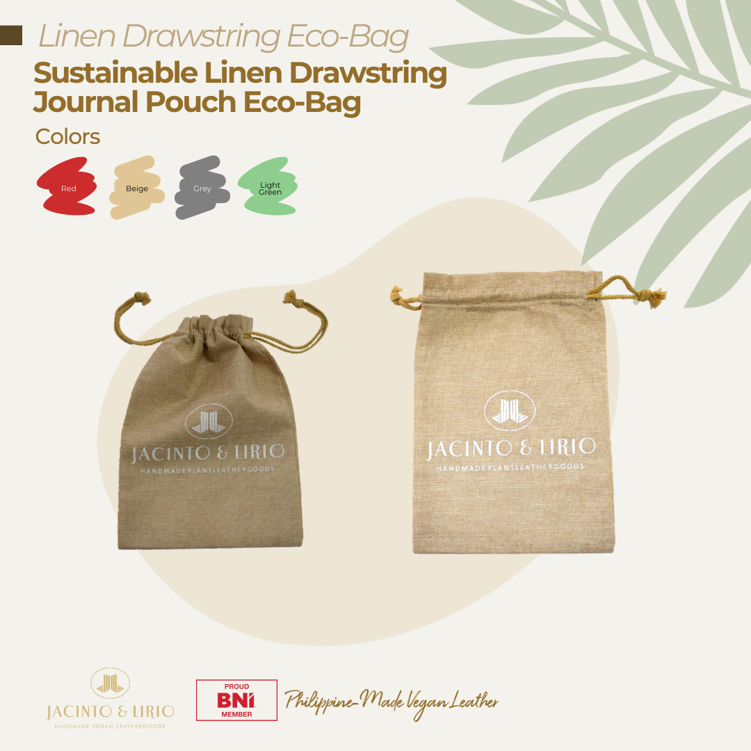 Beige linen drawstring eco-bag by Jacinto & Lirio, a sustainable journal pouch ideal for environmentally conscious packaging, handmade with plant-based vegan leather.