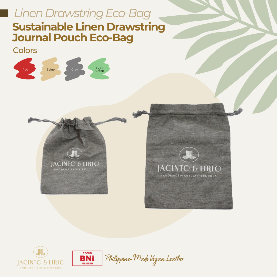 Grey linen drawstring eco-bag by Jacinto & Lirio, sustainable journal pouch made with plant leather goods, perfect for eco-friendly gift packaging.