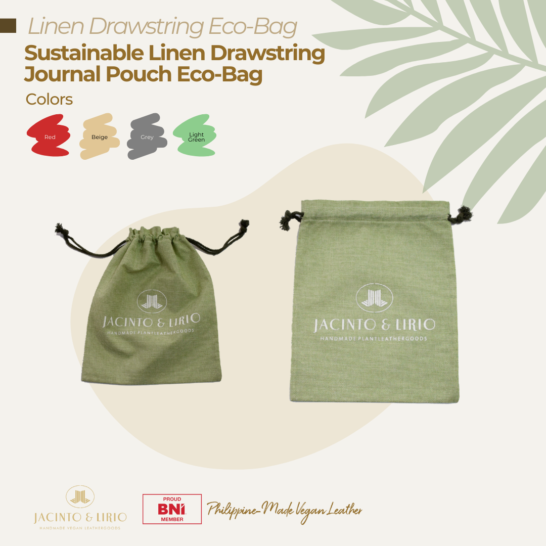 Light green linen drawstring eco-bag from Jacinto & Lirio, a sustainable and reusable pouch for journals or small gifts, featuring plant-based vegan leather accents.