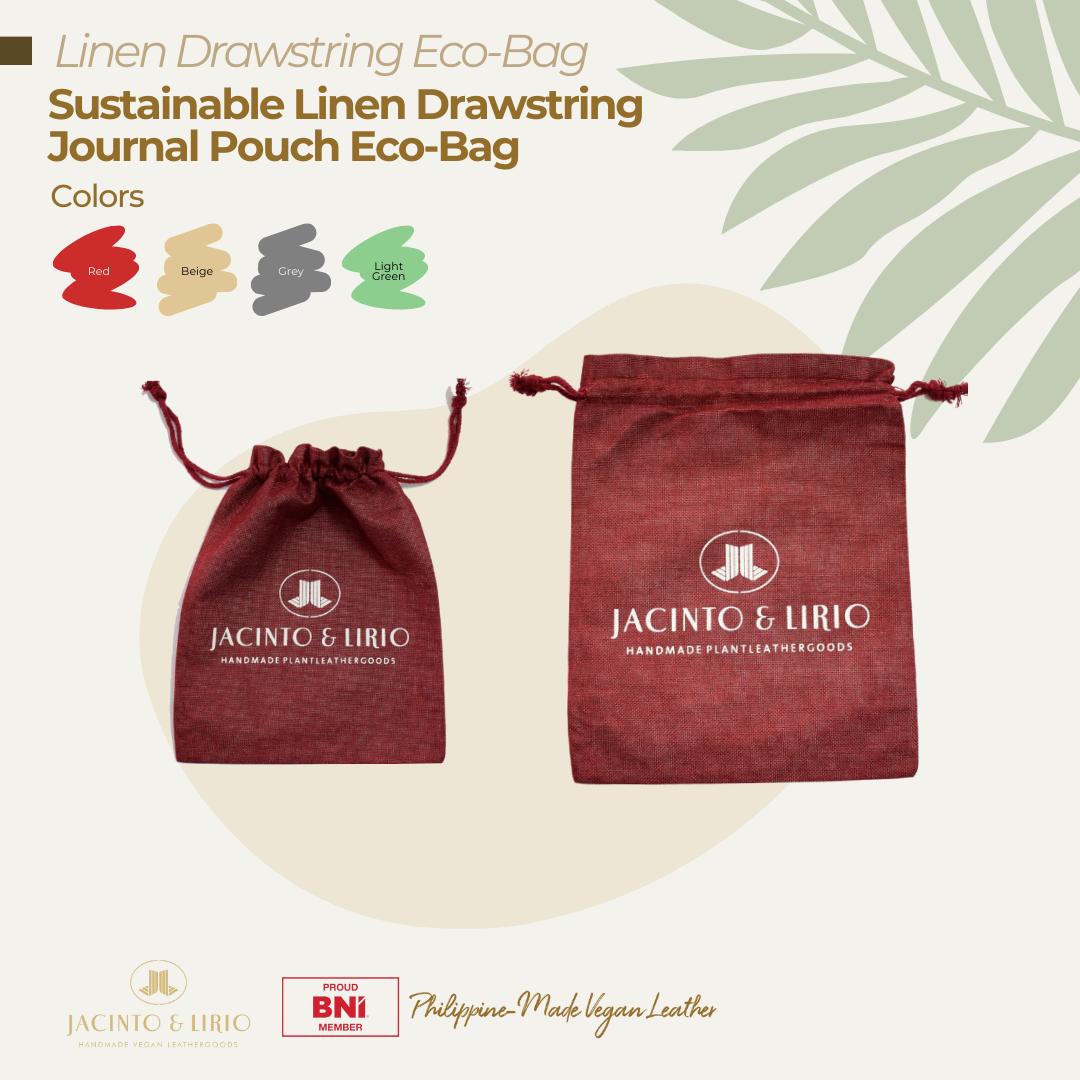 Red linen drawstring eco-bag by Jacinto & Lirio, a sustainable journal pouch designed for reusable and eco-friendly packaging, showcasing Philippine-made vegan leather.