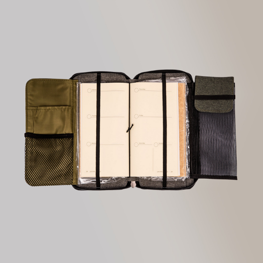 This vegan leather zipped planner has multiple compartments that can hold a passport and papers, it has a built-in pencil case, and even card slots.