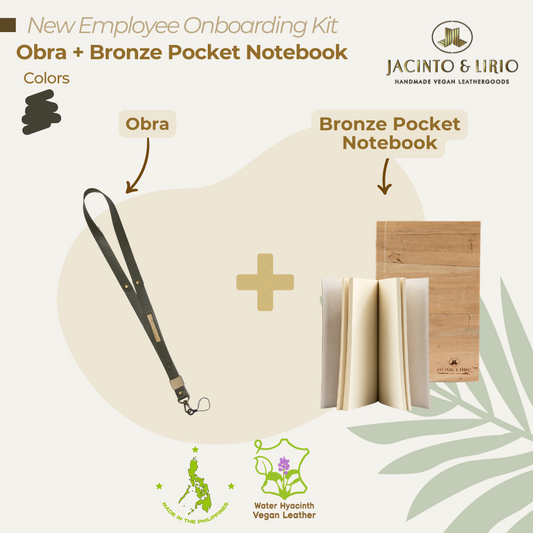 A product bundle of a green ID lace and a bronze pocket notebook