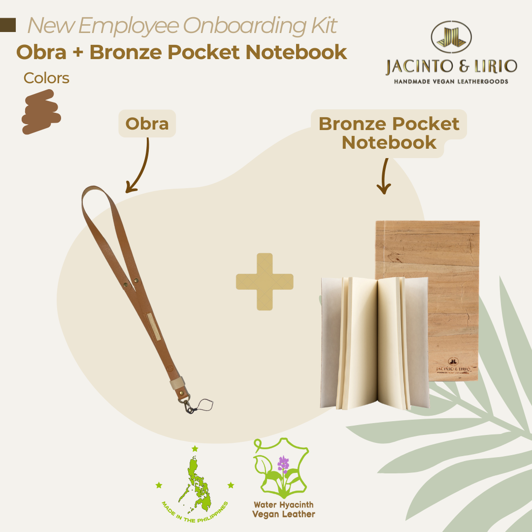 A product bundle of a orange ID lace and a bronze pocket notebook