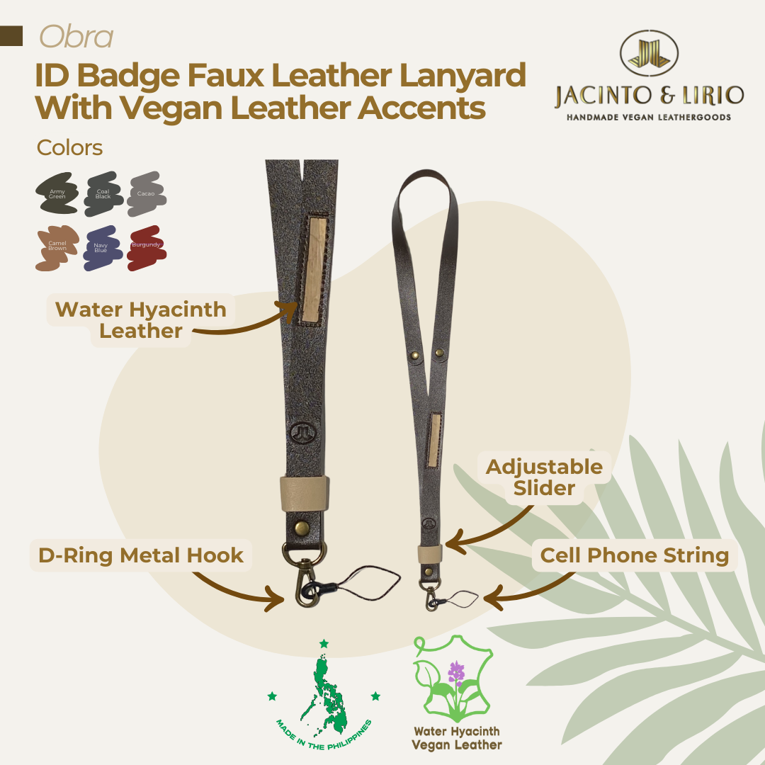 Faux leather lanyard in cacao with metal accessories designed to secure your belongings.