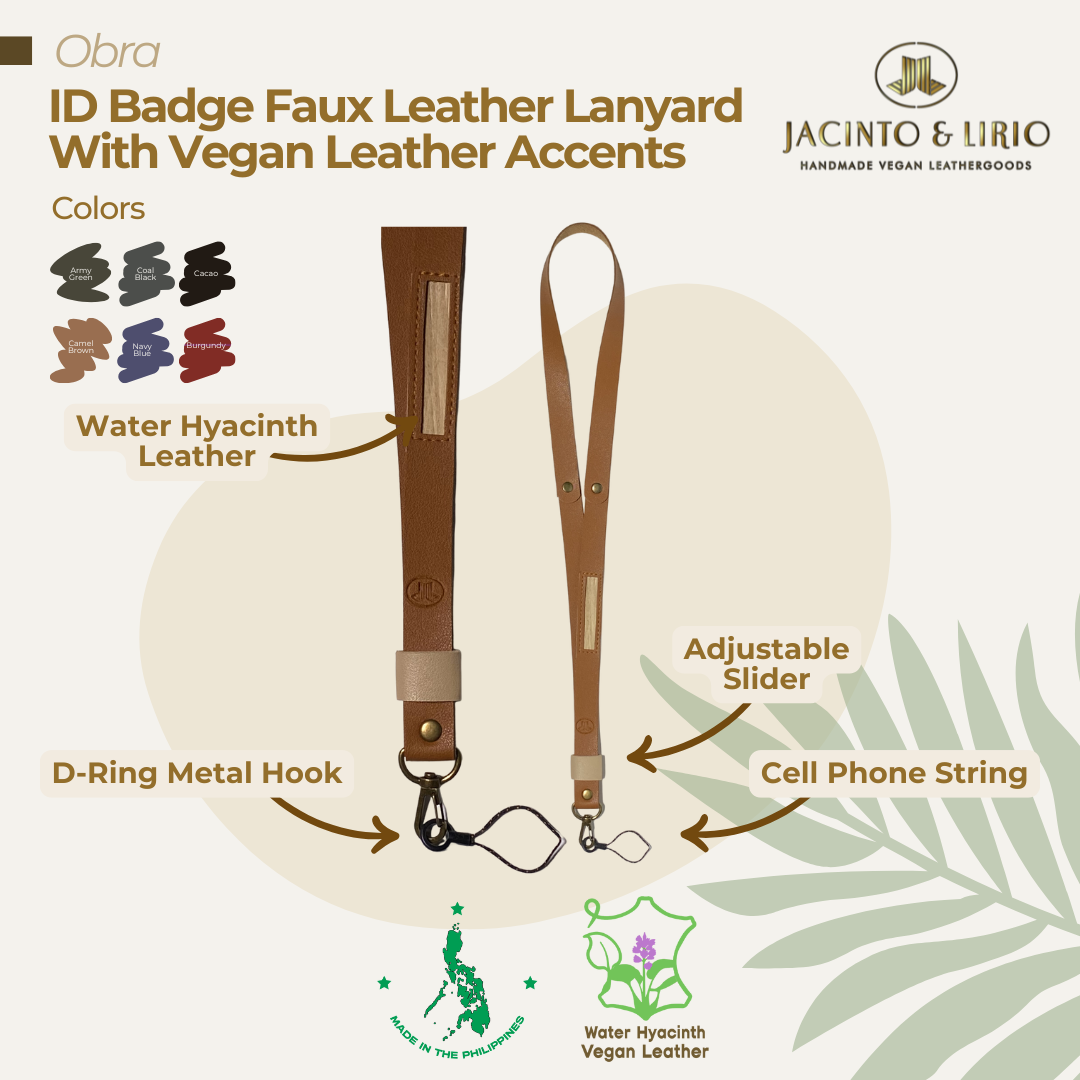 Faux leather lanyard in caramel brown with metal accessories designed to secure your belongings.