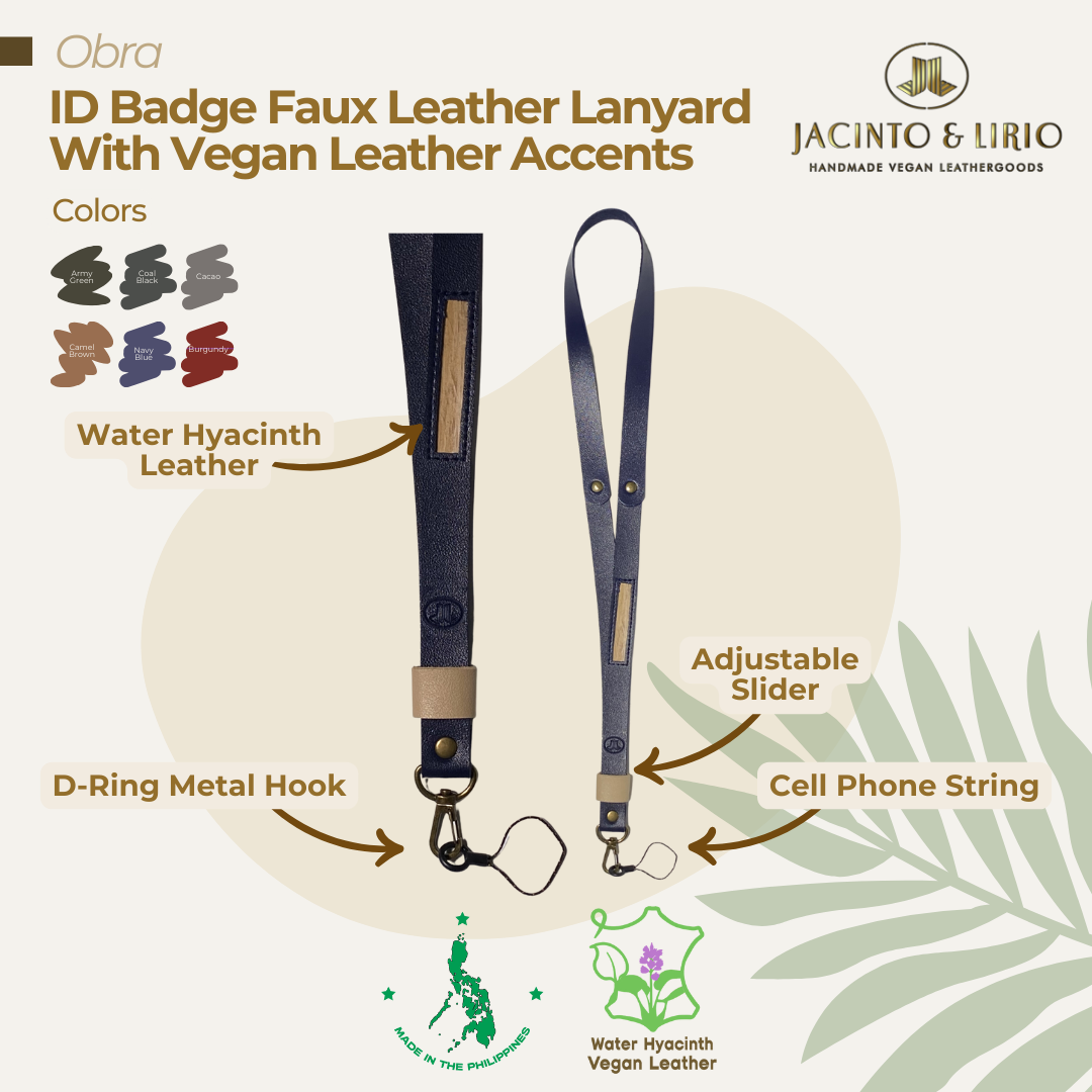 Faux leather lanyard in navy blue with metal accessories designed to secure your belongings.