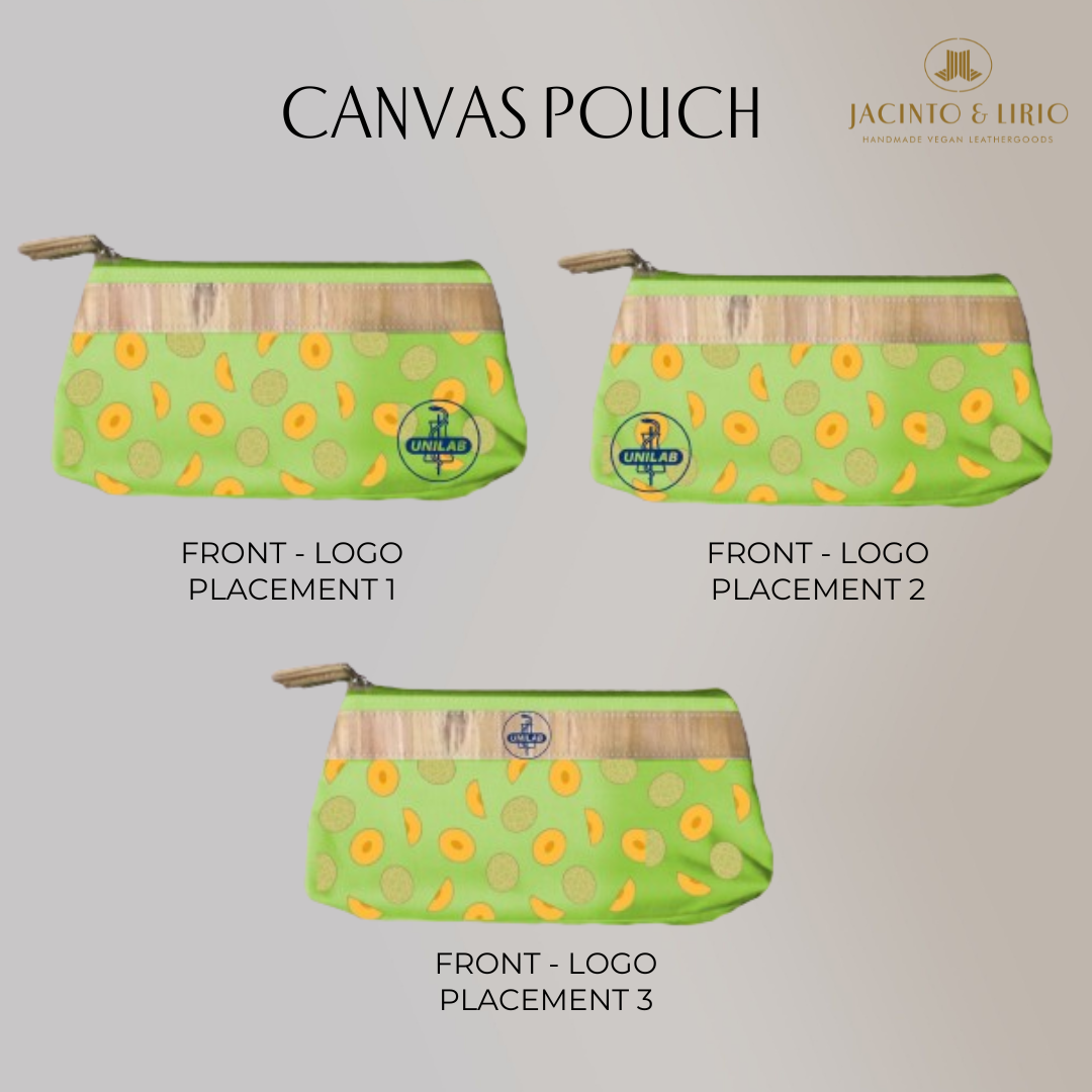 pale green canvas pouches with melon designs on them, with varying logo placements, one in the center, and two on alternating corners.