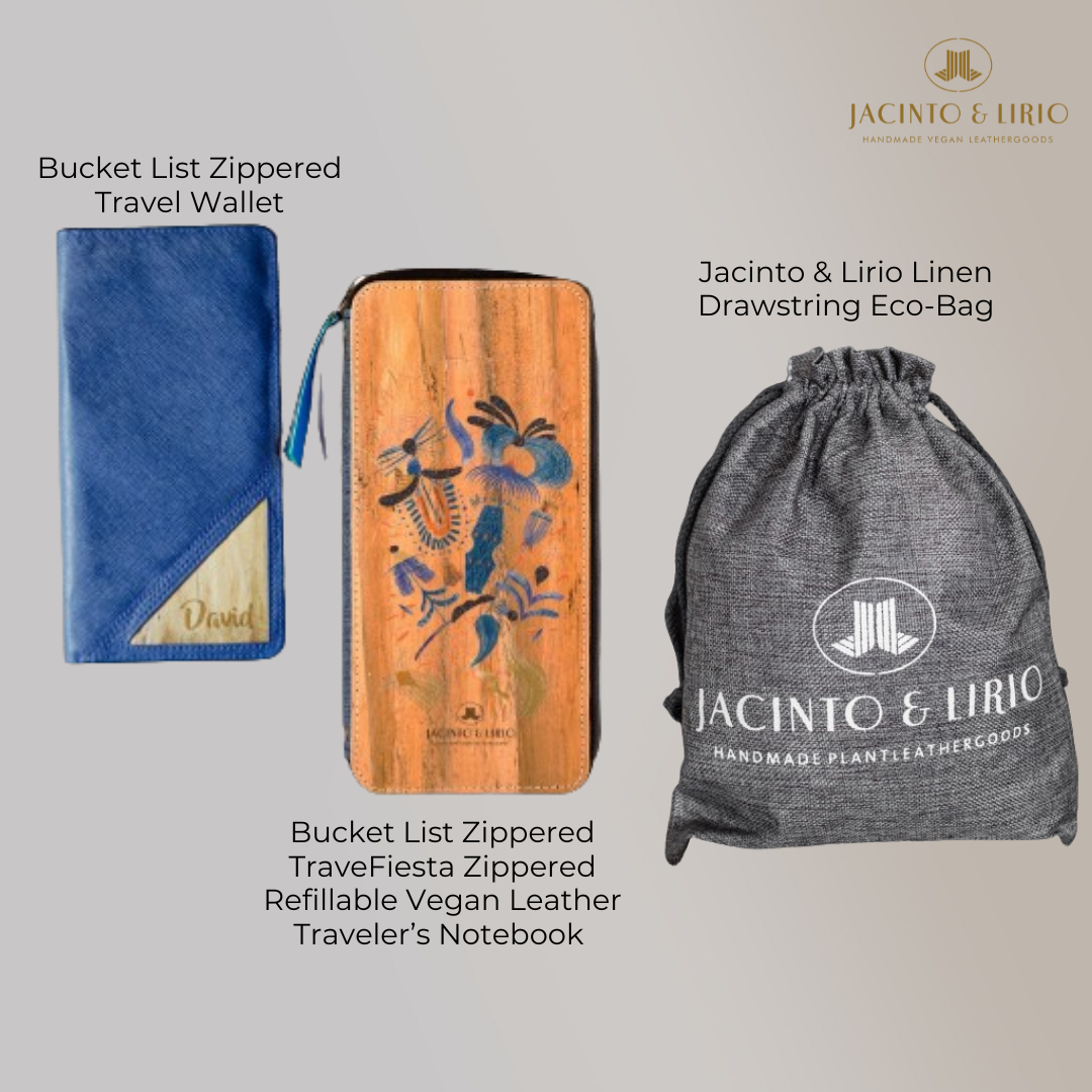 A product trio of a zippered travel wallet, a refillable notebook, and a linen drawstring eco-bag.