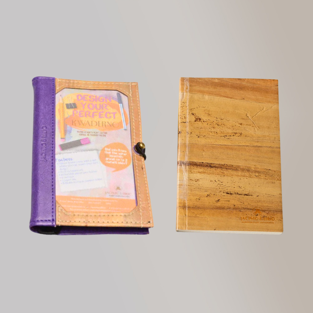 A vegan leather notebook sleeve laying beside a vegan leather notebook refill that has a wooden texture due to the water hyacinth leather.