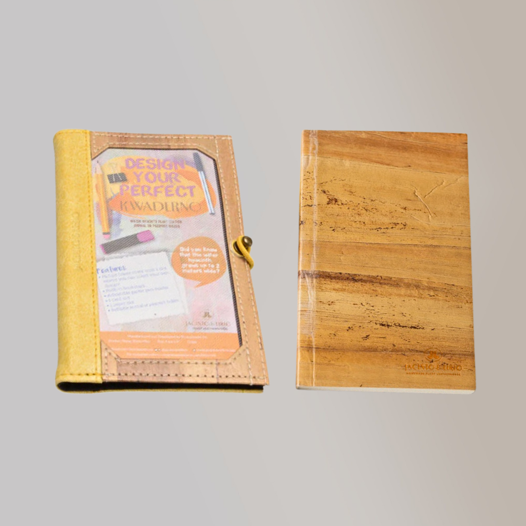 A vegan leather notebook with a gray leather spine, beside notebook refills from Jacinto & Lirio