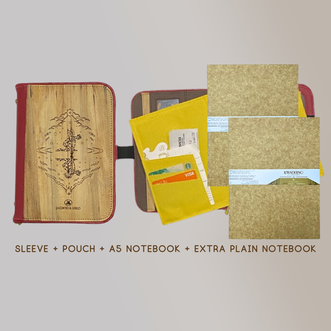 A product bundle of a vegan leather planner that comes with a detachable notebook sleeve (that has paper compartments), detachable and refillable pages, and one extra set of plain page refills for the planner.