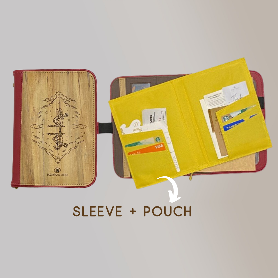 A travel planner notebook that comes with a yellow detachable fabric pouch inside, that can hold papers, cards, a passport, and more.