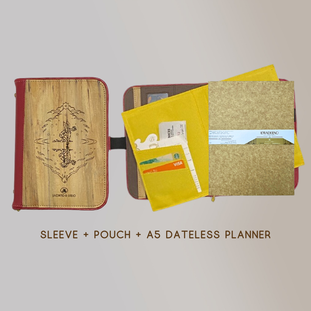 A travel planner notebook that comes with a yellow detachable fabric pouch inside, that wraps around the detachable refillable pages of the planner.