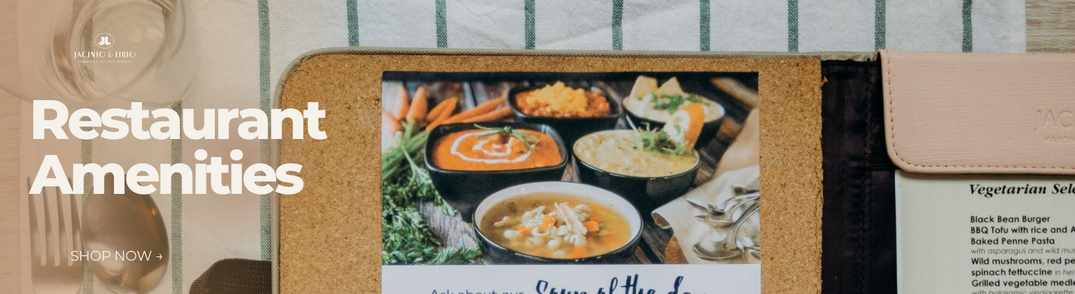 A restaurant menu pasted on a corkboard clipboard.