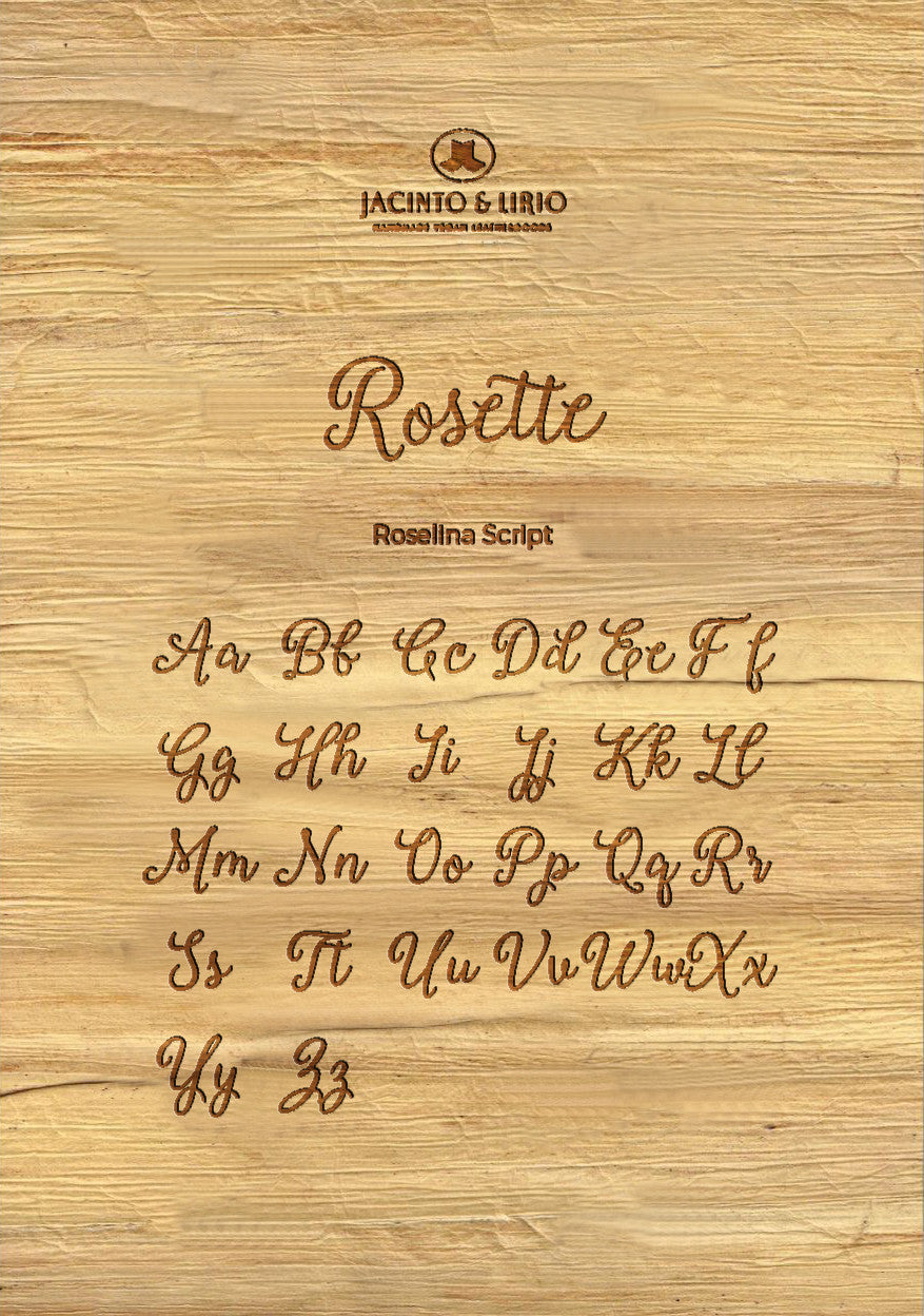The name "Rosette" laser engraved on a piece of vegan leather along with its the uppercase and lowercase alphabet engraved with the same font to showcase the full range.