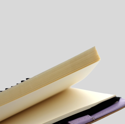 The flipped pages of a cream page notebook.