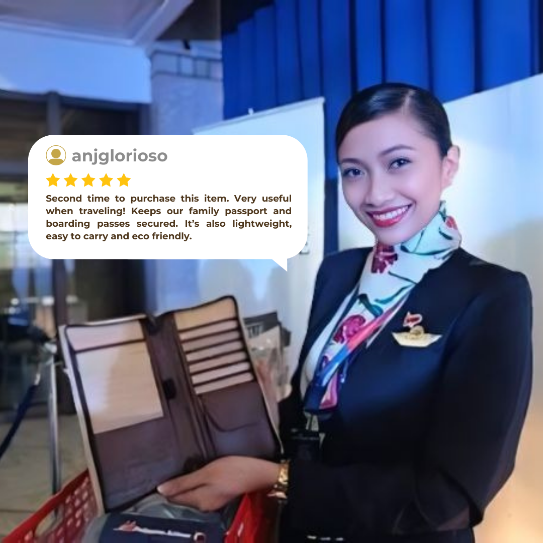 A flight attendant holding an opened travel wallet, showing its interior with multiple pockets on the right and one big enough to fit a passport on the left. A 5 star positive review hovers above the wallet.