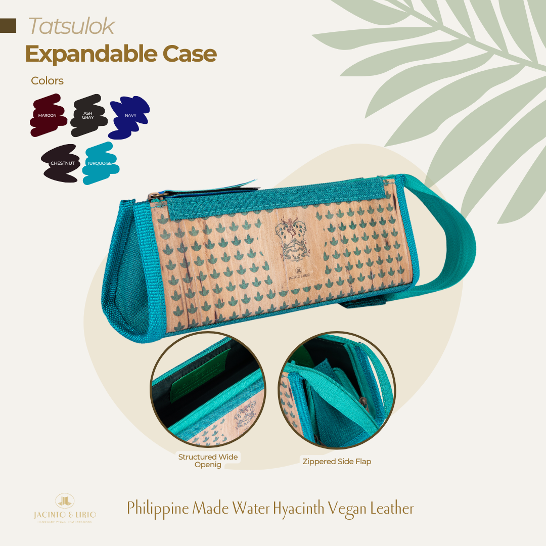 A turquoise triangular pencil case that is expandable and has a vegan leather exterior.