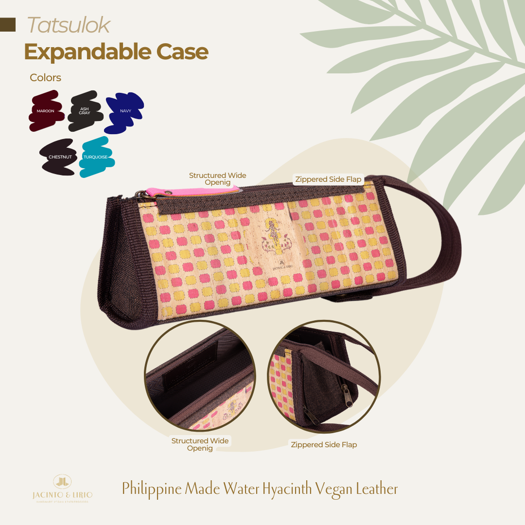 A chestnut triangular pencil case that is expandable and has a vegan leather exterior.