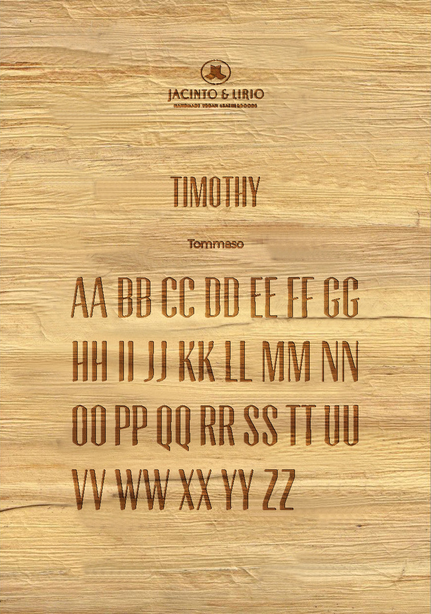 The name "Timothy" laser engraved on a piece of vegan leather along with its the uppercase and lowercase alphabet engraved with the same font to showcase the full range.