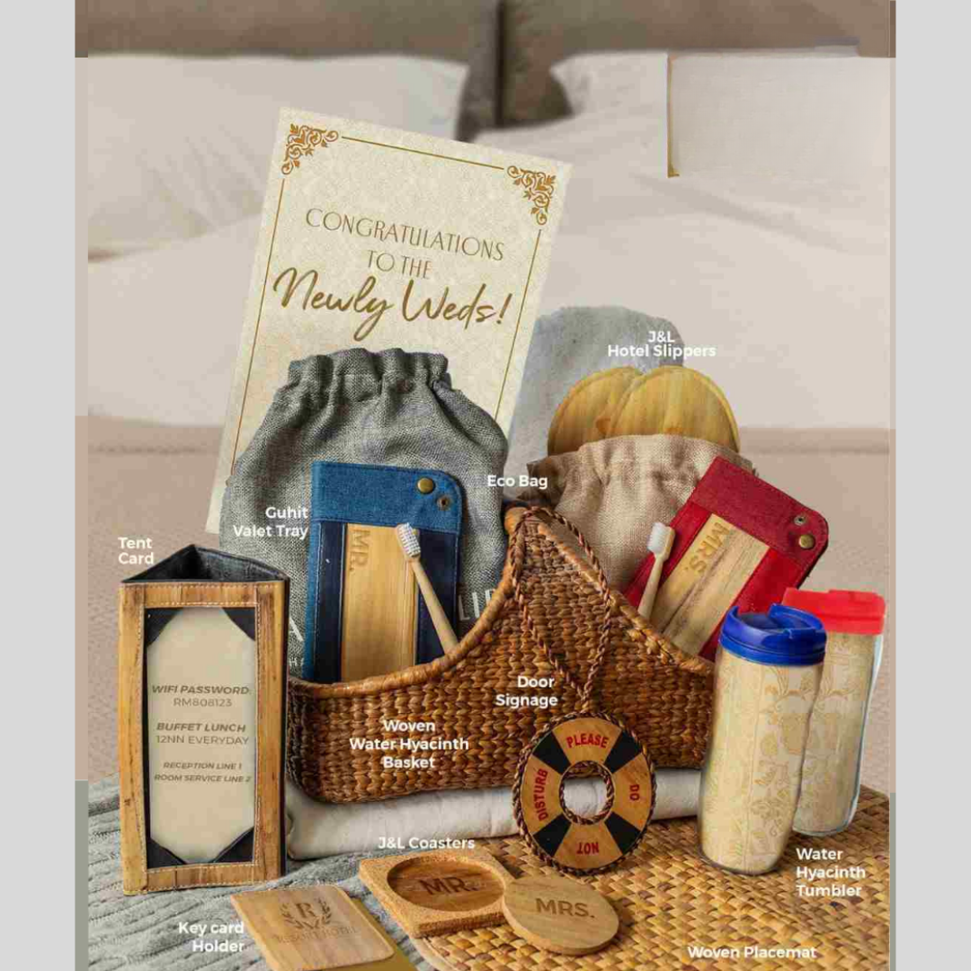 A gift set for newly weds of an assortment of vegan leather products, such as a tent card, a woven basket, two collapsible valet trays, and more.