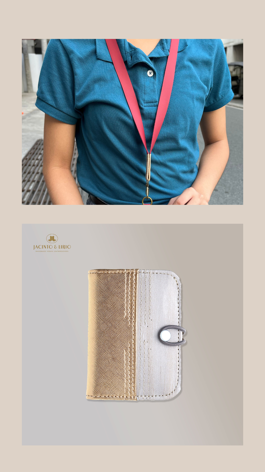 A duo of a red vegan leather ID lanyard with a bronze and silver card and picture holder.
