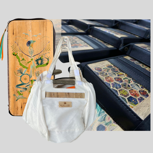 A collection of various vegan leather products, such as an expandable white tote bag, a multifunction wallet and planner, and a black valet tray with a colorful printed design.