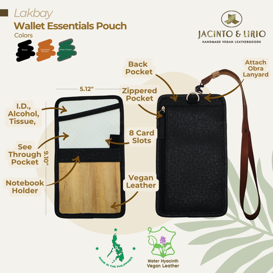 Front view of the Lakbay wallet essentials pouch in black displaying its features and functionalities.