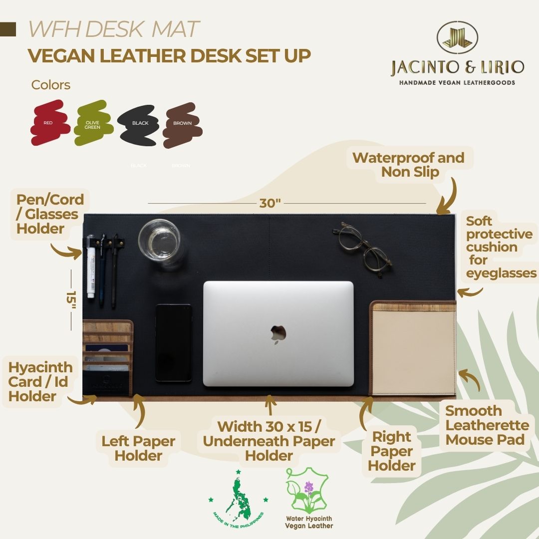 Vegan leather desk mat in black with built-in card and paper holders.